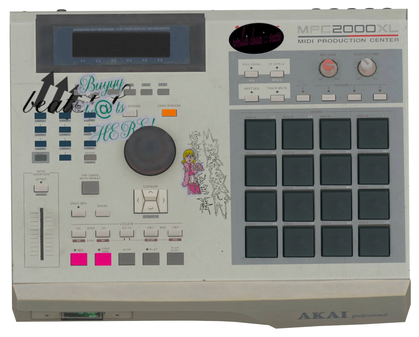 Worn cream Akai MPC 2000XL covered in stickers — the pads are the menu